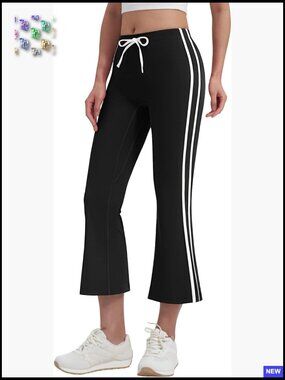 High Waisted Flare Capri Yoga Pants Side Stripe Drawstring Bootcut Cropped